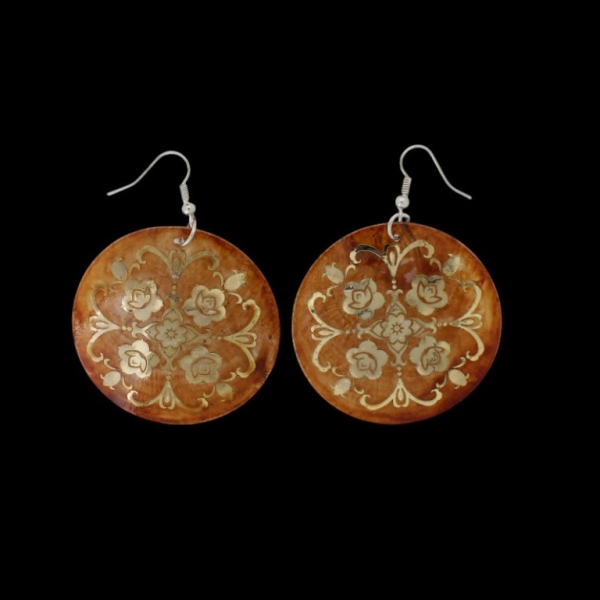 JEWELRY - EARRINGS - HOOK - MOTHER OF PEARL - FLOWER Е641 - 5x7cm BROWN AND GOLD - 1 pair