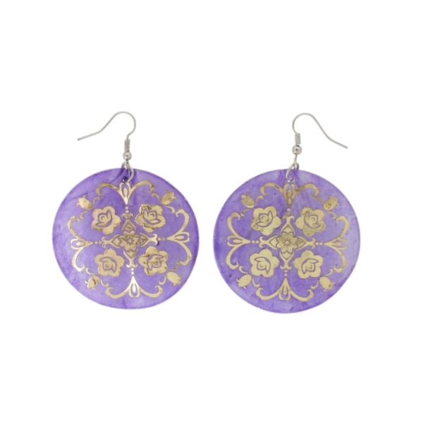 JEWELRY - EARRINGS - HOOK - MOTHER OF PEARL - FLOWER Е641 - 5x7cm PURPLE AND GOLD - 1 pair