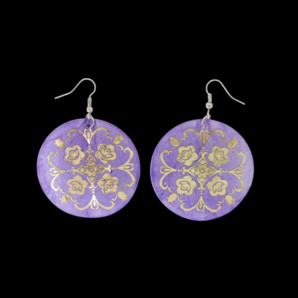 JEWELRY - EARRINGS - HOOK - MOTHER OF PEARL - FLOWER Е641 - 5x7cm PURPLE AND GOLD - 1 pair