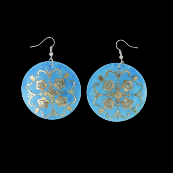 JEWELRY - EARRINGS - HOOK - MOTHER OF PEARL - FLOWER Е641 - 5x7cm BLUE AND GOLD - 1 pair