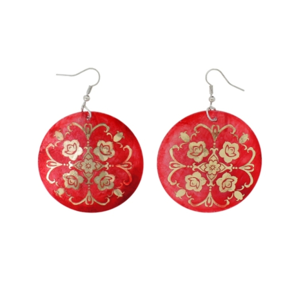 JEWELRY - EARRINGS - HOOK - MOTHER OF PEARL - FLOWER Е641 - 5x7cm RED AND GOLD - 1 pair
