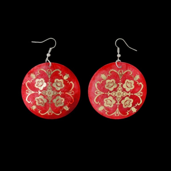 JEWELRY - EARRINGS - HOOK - MOTHER OF PEARL - FLOWER Е641 - 5x7cm RED AND GOLD - 1 pair