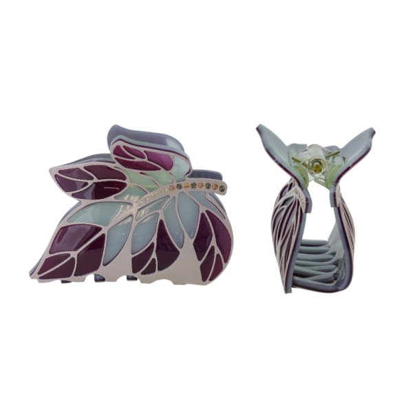 JEWELRY - BRACKET - CLAW HAIR CLIP WITH GLASS CRYSTALS SH087 - LEAF - 7.0x4.5x3.5cm GRAY-BROWN (DARK)-BEIGE - 1pc.