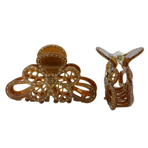JEWELRY - BRACKET - CLAW HAIR CLIP WITH GLASS CRYSTALS SH091 - FLOWER - 8.4x5x2.7cm BROWN AND YELLOW - 1pc.