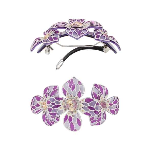 JEWELRY - BRACKET FOR HAIR WITH GLASS CRYSTALS SH101 - FLOWERS - 10.5x5.8x2.4cm WHITE-PURPLE (LIGHT)-PURPLE (DARK)- 1pc.