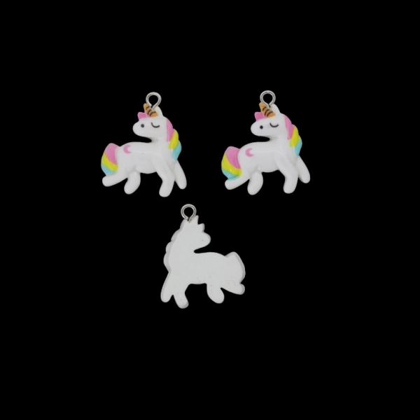 PLASTIC BEADS - RESIN 3D - PENDANT - UNICORN 07 - 20x26x5mm WHITE AND MIX - 2pcs. Hole-2.0mm