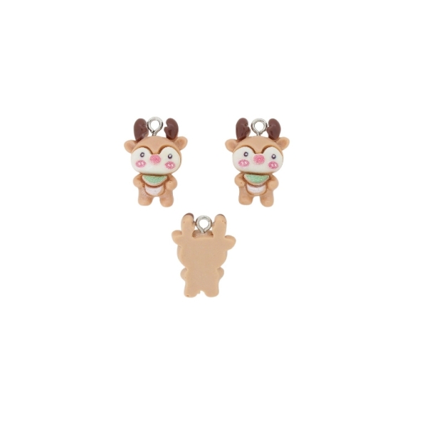 PLASTIC BEADS - RESIN 3D - PENDANT - DEER 04 - 16x22x8mm BROWN (LIGHT)-ECRU-PINK - 2pcs. Hole-2.0mm