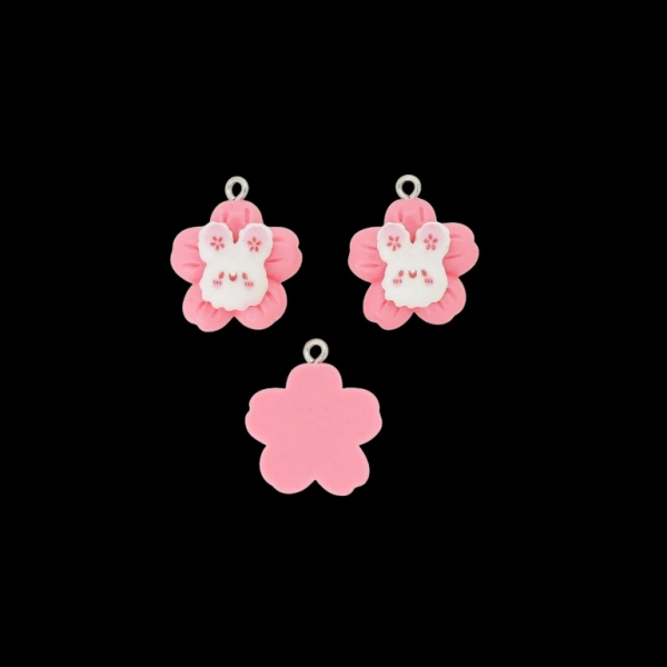PLASTIC BEADS - RESIN 3D - PENDANT - RABBIT 22 WITH FLOWER - 20x24x8mm PINK AND WHITE - 2pcs. Hole-2.0mm