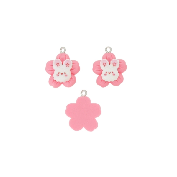 PLASTIC BEADS - RESIN 3D - PENDANT - RABBIT 22 WITH FLOWER - 20x24x8mm PINK AND WHITE - PACKAGE 30pcs. Hole-2.0mm