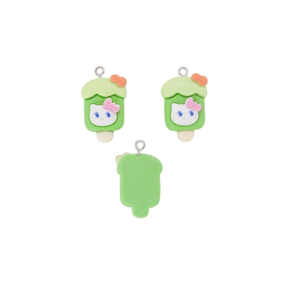 PLASTIC BEADS - RESIN 3D - PENDANT - KITTY 07 ICE CREAM - 16x27x7mm GREEN-GREEN (LIGHT)-WHITE - 2pcs. Hole-2.0mm