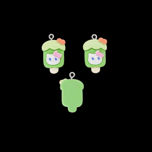 PLASTIC BEADS - RESIN 3D - PENDANT - KITTY 07 ICE CREAM - 16x27x7mm GREEN-GREEN (LIGHT)-WHITE - PACKAGE 30pcs. Hole-2.0mm