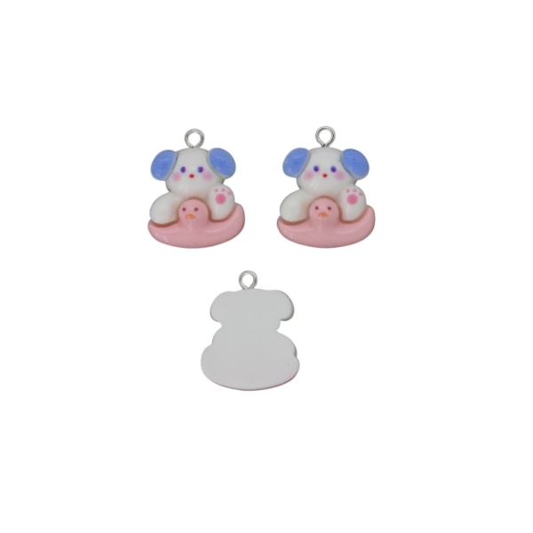 PLASTIC BEADS - RESIN 3D - PENDANT - DOG 07 WITH LIFEBUOY DUCK - 19x23x7mm WHITE-PINK-BLUE - 2pcs. Hole-2.0mm
