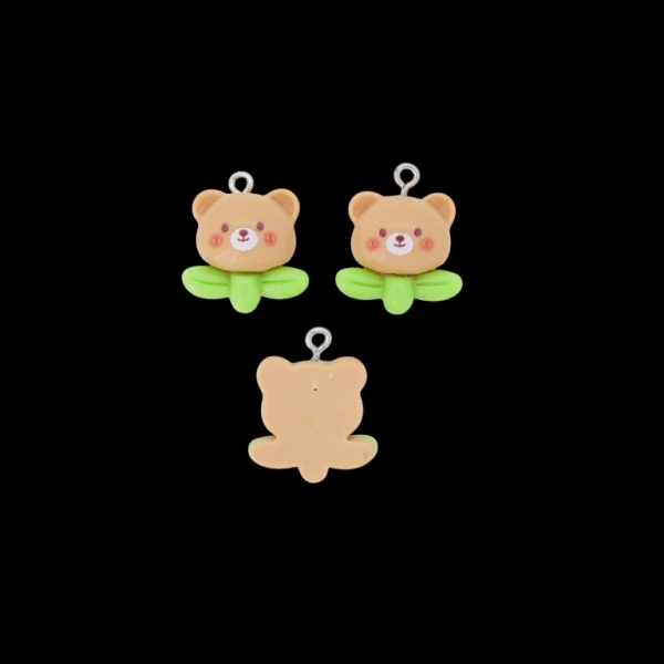 PLASTIC BEADS - RESIN 3D - PENDANT - BEAR 39 - 20x23x8mm BROWN (LIGHT)-GREEN (LIGHT) - 2pcs. Hole-2.0mm