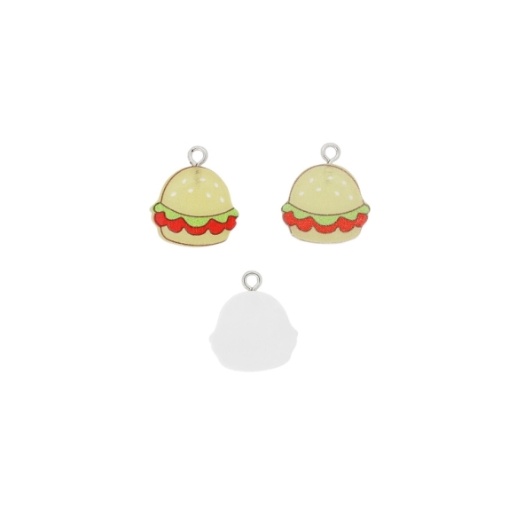 PLASTIC BEADS - RESIN 3D - PENDANT - HAMBURGER 03 - 18x20x3mm ECRU (DARK)-GREEN-RED - PACKAGE 30pcs. Hole-2.0mm