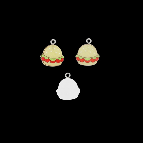 PLASTIC BEADS - RESIN 3D - PENDANT - HAMBURGER 03 - 18x20x3mm ECRU (DARK)-GREEN-RED - PACKAGE 30pcs. Hole-2.0mm
