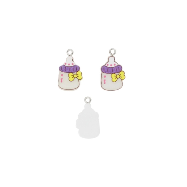 PLASTIC BEADS - RESIN 3D - PENDANT - BABY BOTTLE 01 - 14x24x3mm WHITE-PURPLE-YELLOW - 2pcs. Hole-2.0mm