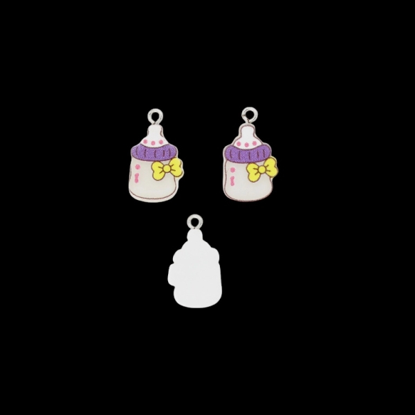 PLASTIC BEADS - RESIN 3D - PENDANT - BABY BOTTLE 01 - 14x24x3mm WHITE-PURPLE-YELLOW - 2pcs. Hole-2.0mm