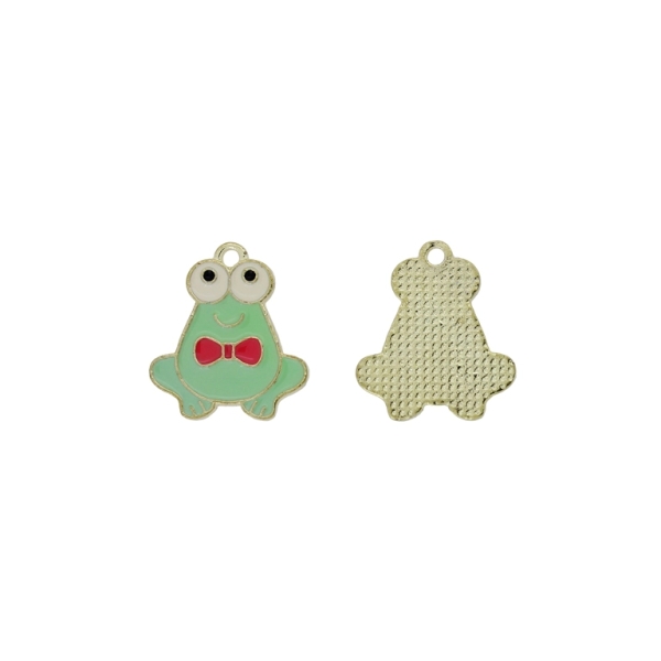 METAL BEADS WITH ENAMEL - PENDANT - FROG 02 - 19x21x1.5mm GREEN-RED-ECRU - PACKAGE 30pcs. Hole-2.0mm