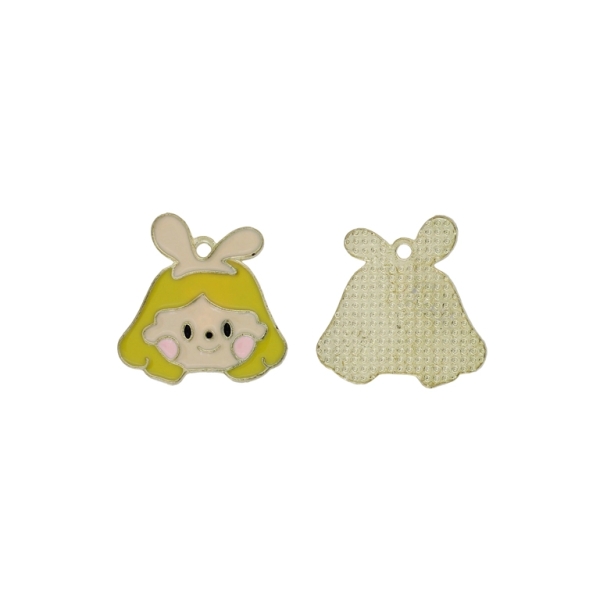 METAL BEADS WITH ENAMEL - PENDANT - RABBIT 17 - 22x22x1.5mm YELLOW-ECRU-PINK -  3pcs. Hole-2.0mm