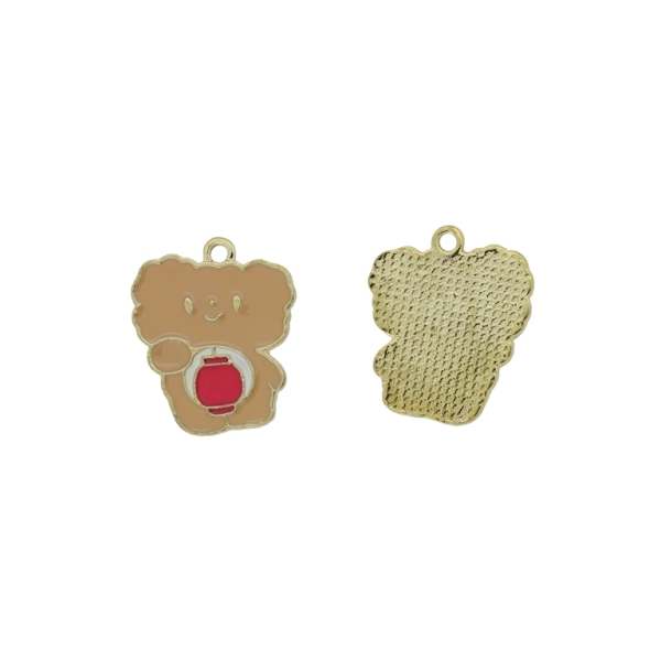 METAL BEADS WITH ENAMEL - PENDANT - BEAR 13 - 19x13x1.5mm BROWN (LIGHT)-WHITE-CYCLAMEN - PACKAGE 30pcs. Hole-2.0mm