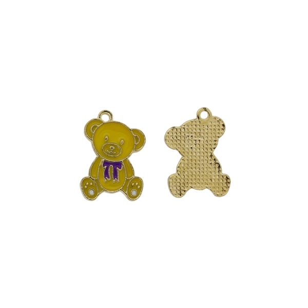 METAL BEADS WITH ENAMEL - PENDANT - BEAR 14 - 15x23x1.5mm YELLOW-PURPLE -  3pcs. Hole-2.0mm