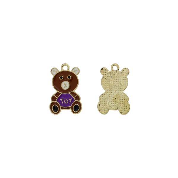 METAL BEADS WITH ENAMEL - PENDANT - BEAR 16 - 14x22x1.5mm BROWN (DARK)-PURPLE-ECRU -  3pcs. Hole-1.8mm