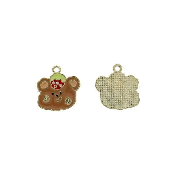 METAL BEADS WITH ENAMEL - PENDANT - BEAR 18 WITH STRAWBERRY - 19x20x1.5mm BROWN-RED-RESEDA -  3pcs. Hole-2.0mm