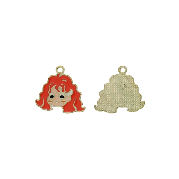 METAL BEADS WITH ENAMEL - PENDANT - GIRL HEAD 02 - 22x20x1.5mm ORANGE-ECRU - 4pcs. Hole-1.8mm
