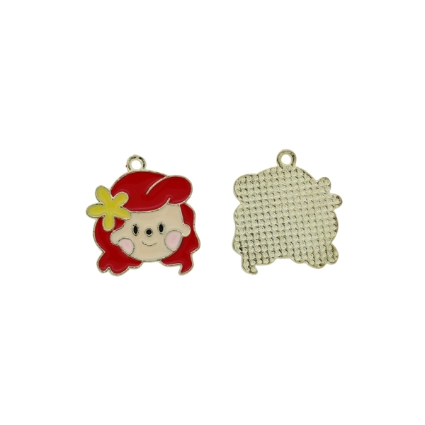 METAL BEADS WITH ENAMEL - PENDANT - GIRL HEAD 03 - 19x22x1.5mm RED-ECRU-YELLOW -  3pcs. Hole-1.8mm