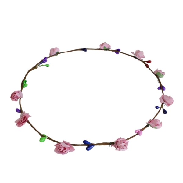 JEWELRY - ACCESSORY FOR HAIR - TIARA WREATH WITH FLOWERS D040 - WIRE AND PAPER - PINK AND MIX - 1pc.