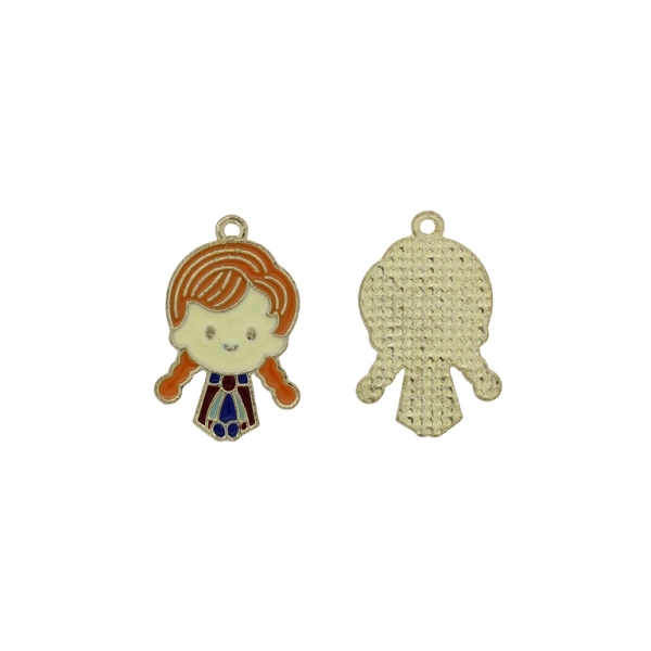 METAL BEADS WITH ENAMEL - PENDANT - GIRL 06 - 17х27х1.6mm ORANGE-ECRU-BLUE - PACKAGE 30pcs. Hole-1.7mm