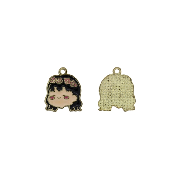 METAL BEADS WITH ENAMEL - PENDANT - GIRL HEAD 05 - 16х19х1.5mm ECRU-BLACK-PINK - PACKAGE 40pcs. Hole-1.8mm