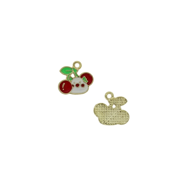 METAL BEADS WITH ENAMEL - PENDANT - CHERRIES 03 - 15х14х1.5mm GREEN-RED-WHITE - PACKAGE 40pcs. Hole-1.7mm