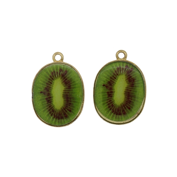 METAL BEADS WITH ENAMEL - PENDANT - KIWI 01 - 19x27x3.5mm GOLD-GREEN-BLACK - PACKAGE 20pcs. Hole-2.0mm