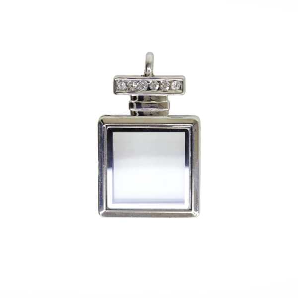 METAL BEADS - MEDALLION WITH MAGNETIC CLOSURE AND CRYSTALS - PERFUME 01 - 29x47x6mm NICKEL AND WHITE - PACKAGE 5pcs. Hole-4.6mm