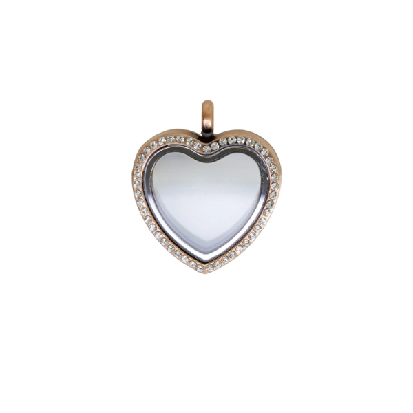 METAL BEADS - MEDALLION WITH MAGNETIC CLOSURE AND CRYSTALS - HEART 02 - 31x36x7mm ROSE GOLD AND WHITE - PACKAGE 5pcs. Hole-4.0mm