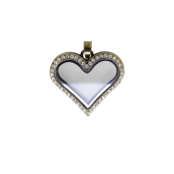 METAL BEADS - MEDALLION WITH MAGNETIC CLOSURE AND CRYSTALS - HEART 03 - 36x38x7mm ANTIQUE BRONZE AND WHITE - PACKAGE 5pcs. Hole-3.2mm
