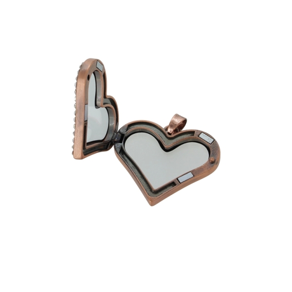METAL BEADS - MEDALLION WITH MAGNETIC CLOSURE AND CRYSTALS - HEART 03 - 36x38x7mm ANTIQUE BRASS (LIGHT) AND WHITE - PACKAGE 5pcs. Hole-3.2mm