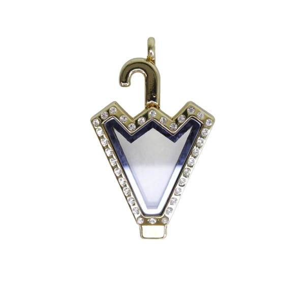 METAL BEADS - MEDALLION WITH MAGNETIC CLOSURE AND CRYSTALS - UMBRELLA 01 - 34x56x8mm GOLD AND WHITE - PACKAGE 5pcs. Hole-3.6mm