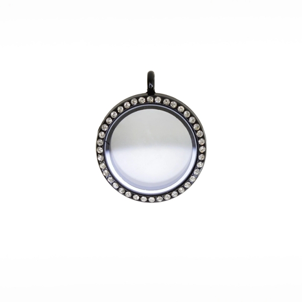METAL BEADS - MEDALLION WITH MAGNETIC CLOSURE AND CRYSTALS - CIRCLE 01 - 30x36x7mm BLACK AND WHITE - 1pc. Hole-3.6mm