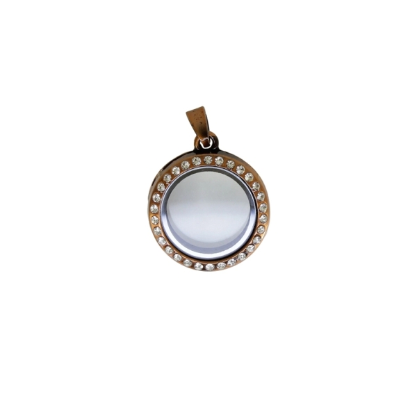 METAL BEADS - MEDALLION WITH MAGNETIC CLOSURE AND CRYSTALS - CIRCLE 01 - 24x36x7mm ANTIQUE BRASS AND WHITE - 1pc. Hole-2.2mm