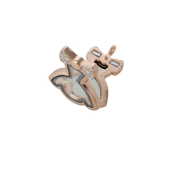 METAL BEADS - MEDALLION WITH MAGNETIC CLOSURE AND CRYSTALS - DRESS 01 - 33x42x7mm ROSE GOLD AND WHITE - 1pc. Hole-3.6mm
