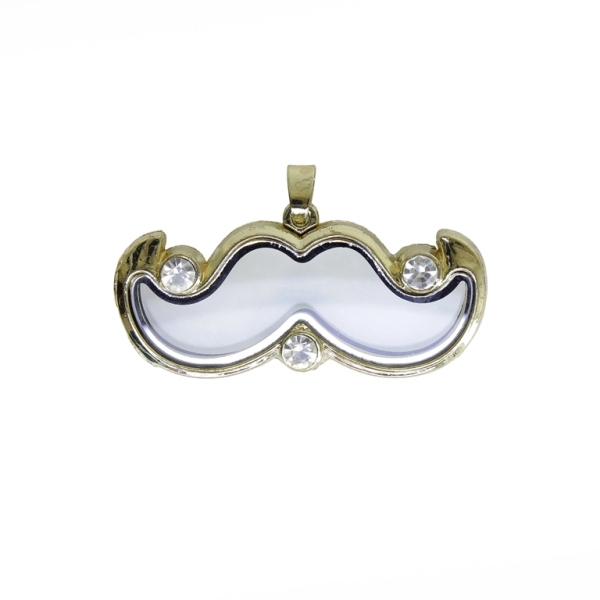 METAL BEADS - MEDALLION WITH MAGNETIC CLOSURE AND CRYSTALS - MUSTACHE 01 - 52x31x7mm GOLD (LIGHT) AND WHITE - PACKAGE 5pcs. Hole-2.0mm