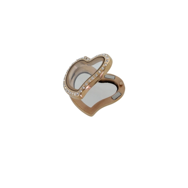 METAL BEADS - MEDALLION WITH MAGNETIC CLOSURE AND CRYSTALS - HEART 01 - 28x35x6mm ROSE GOLD AND WHITE - PACKAGE 5pcs. Hole-3.2mm