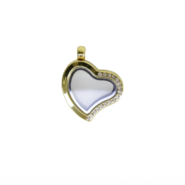 METAL BEADS - MEDALLION WITH MAGNETIC CLOSURE AND CRYSTALS - HEART 01 - 28x35x6mm GOLD AND WHITE - PACKAGE 5pcs. Hole-3.2mm