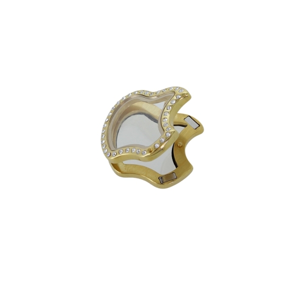 METAL BEADS - MEDALLION WITH MAGNETIC CLOSURE AND CRYSTALS - APPLE 01 - 29x32x7mm GOLD AND WHITE - 1pc. Hole-4.0mm