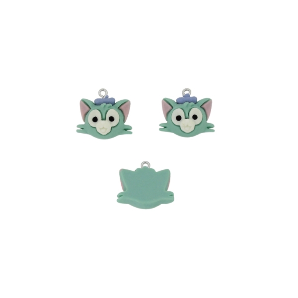 PLASTIC BEADS - RESIN 3D - PENDANT - CAT 03 WITH HAT - 22x20x10mm TURQUOISE-WHITE-BLUE - 2pcs. Hole-1.8mm 