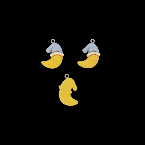 PLASTIC BEADS - RESIN 3D - PENDANT - MOON WITH HAT 02 - 15x26x8mm YELLOW-BLUE (LIGHT)-WHITE - 2pcs. Hole-1.8mm