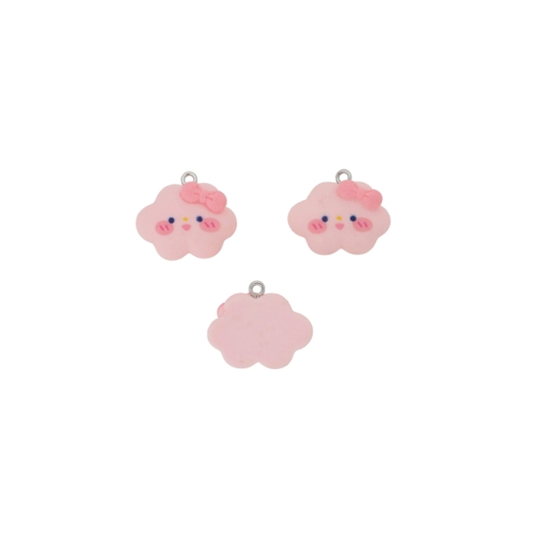 PLASTIC BEADS - RESIN 3D - PENDANT - CLOUD 02 WITH RIBBON - 23x19x8mm PINK (LIGHT)-PINK-BLACK - 2pcs. Hole-1.8mm