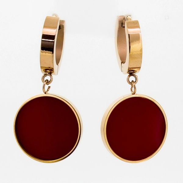 JEWELRY - EARRINGS - FRENCH LEVERBACK HIDDEN - STAINLESS STEEL AND ENAMEL - CIRCLE Е703 - 1.5х3.1cm ROSE GOLD-RED - PACKAGE 6 pairs